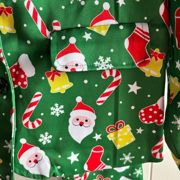 Boys M 8/10 Green Christmas Santa Print 2-Piece Holiday Suit Jacket & Pants - Picture 5 of 11
